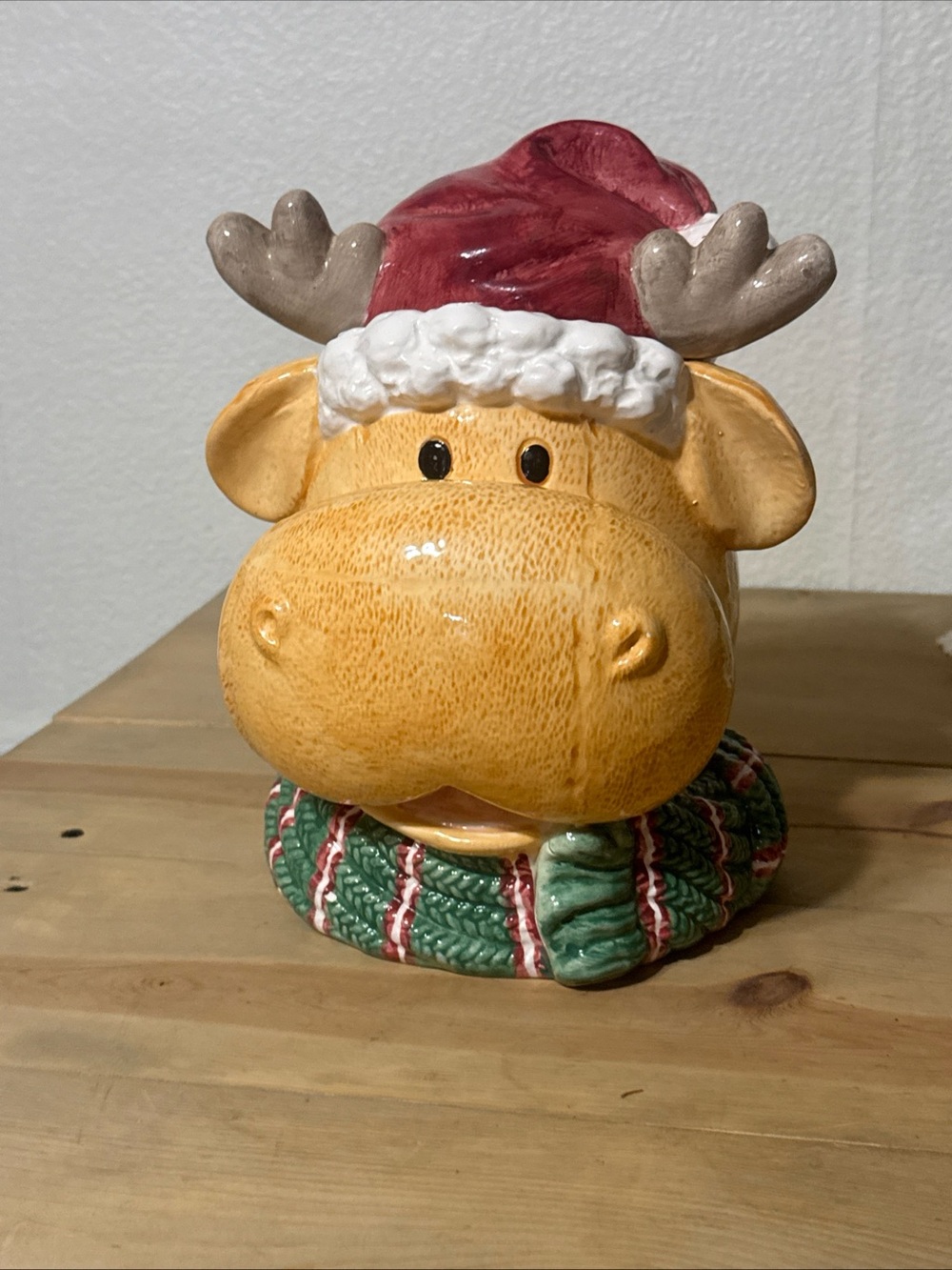 Vintage figural ceramic Christmas moose cookie jar